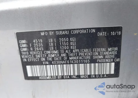 2019 Subaru Legacy 2.5I Premium из США, поврежденный, VIN 4S3BNAF61K3011165